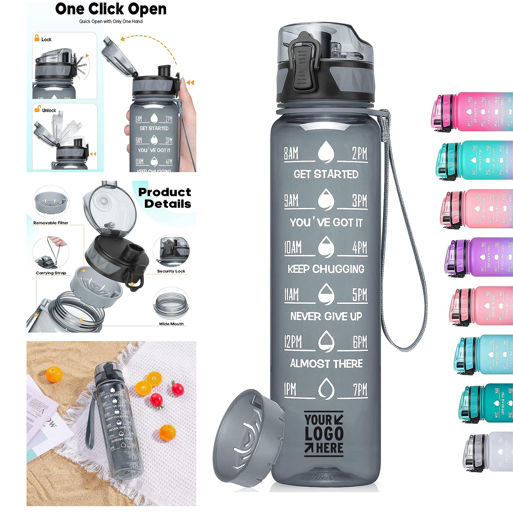 26/32 Oz BPA Free Leak-Proof Motivational Water Bottle with Time Marker With Fruit Strainer Strap 2