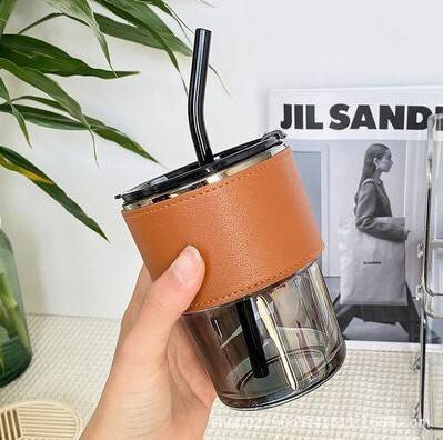 Straw Glass Cup With Leather Cover 5