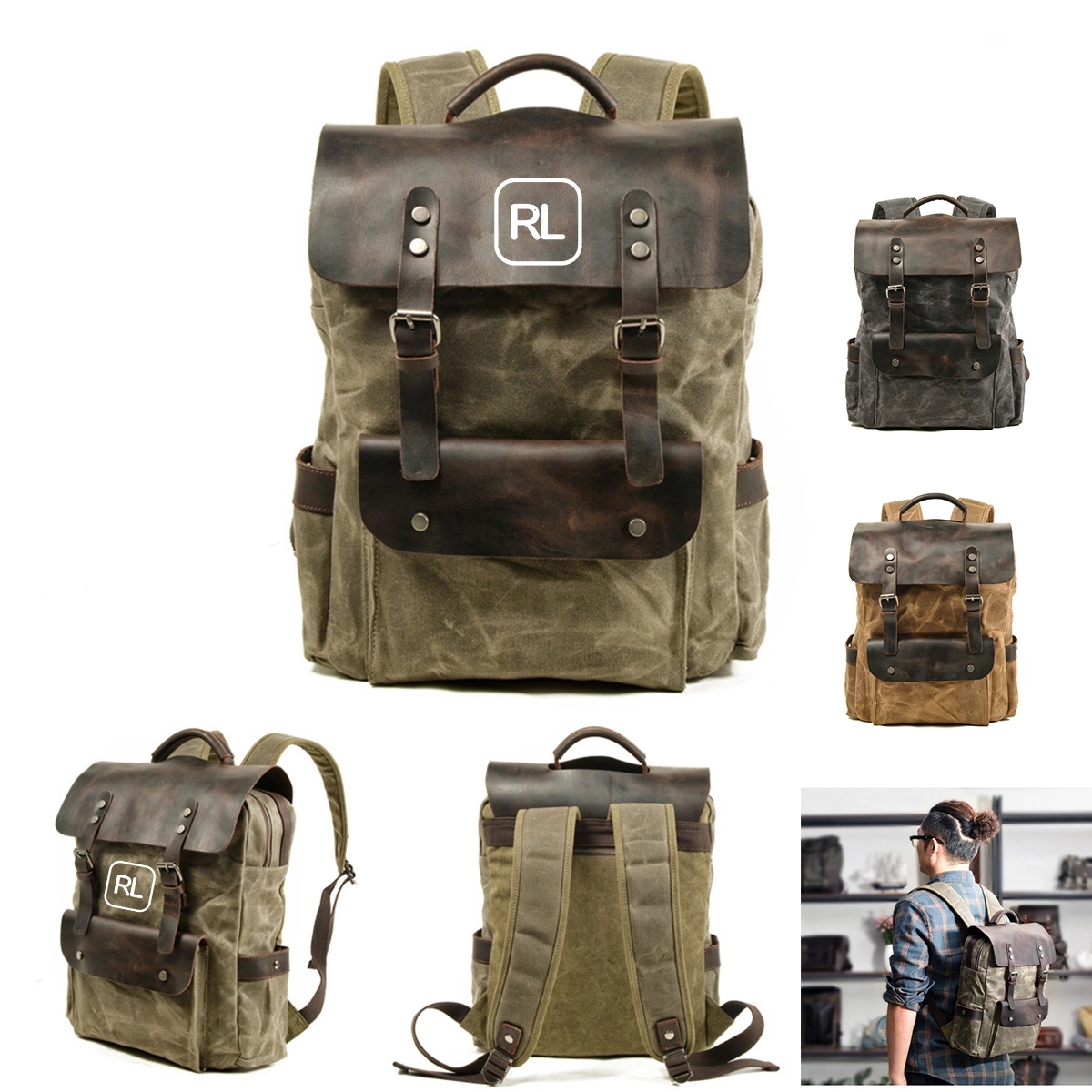Vintage Waxed Canvas Cowhide Backpack 2