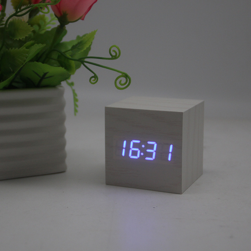 LED Light Wooden Cube Alarm Clock With USB 3