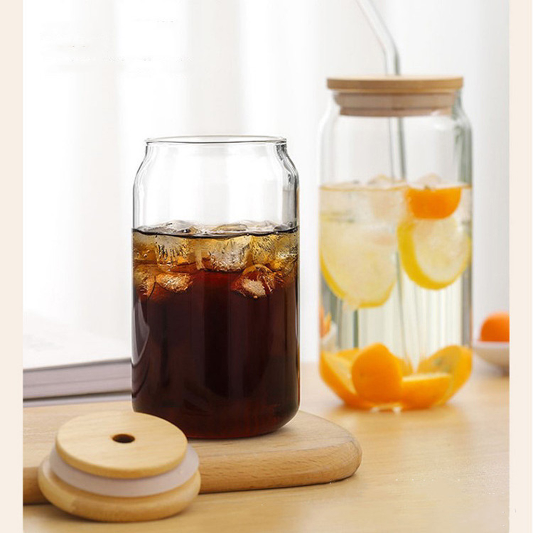 12Oz Clear Glasses Water Bottle With Wooden Lid And Straw 4