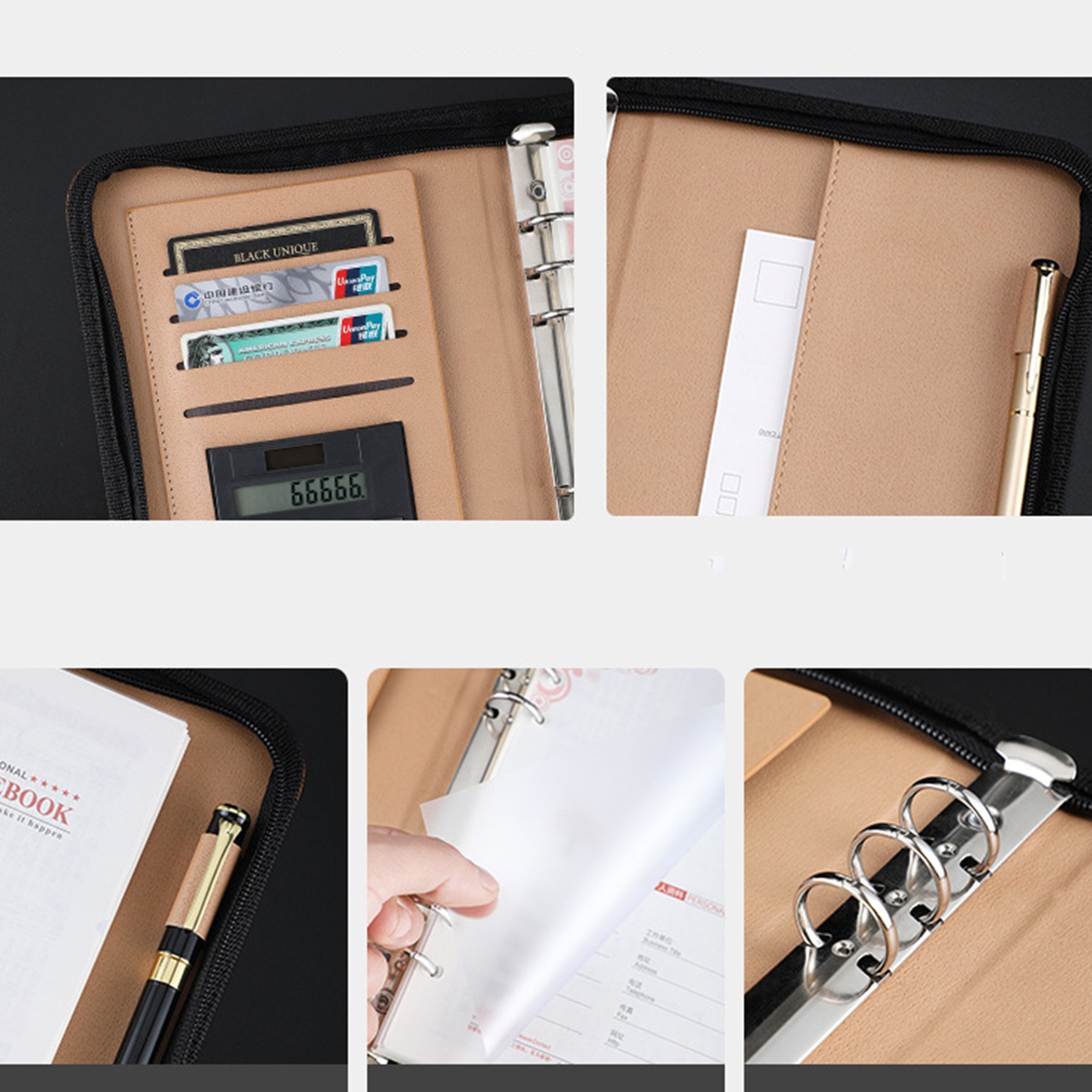 A5 Business PU Leather Zipper Bag Loose Leaf Notebook With Calculator 2