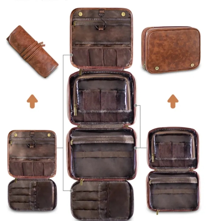 Custom Logo Hanging PU Leather Toiletry Bag Wholesale Bulk Travel Cosmetic Organizer 4