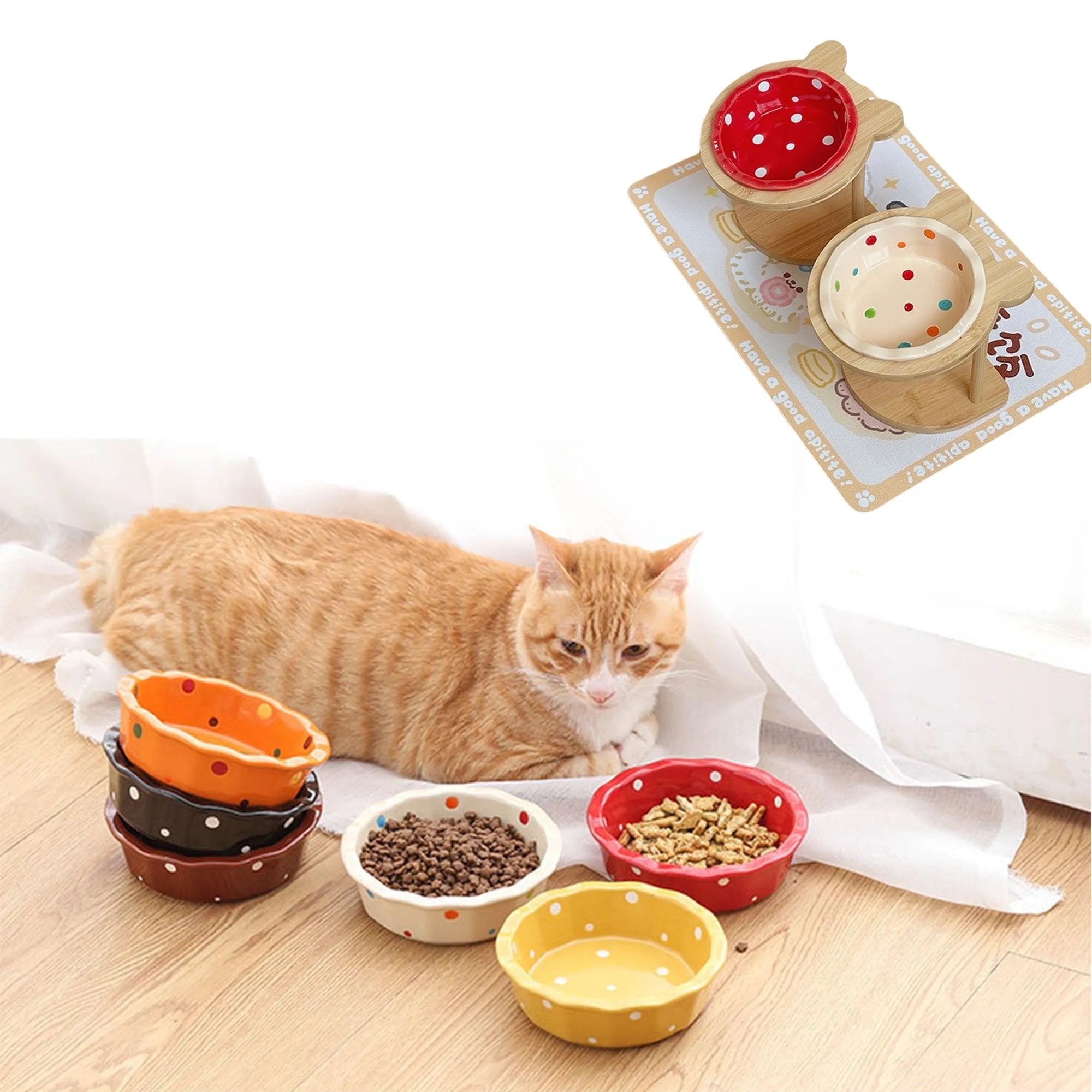 Ceramic Cat Food Dish Bowl Rack And Cat-Bowl 6