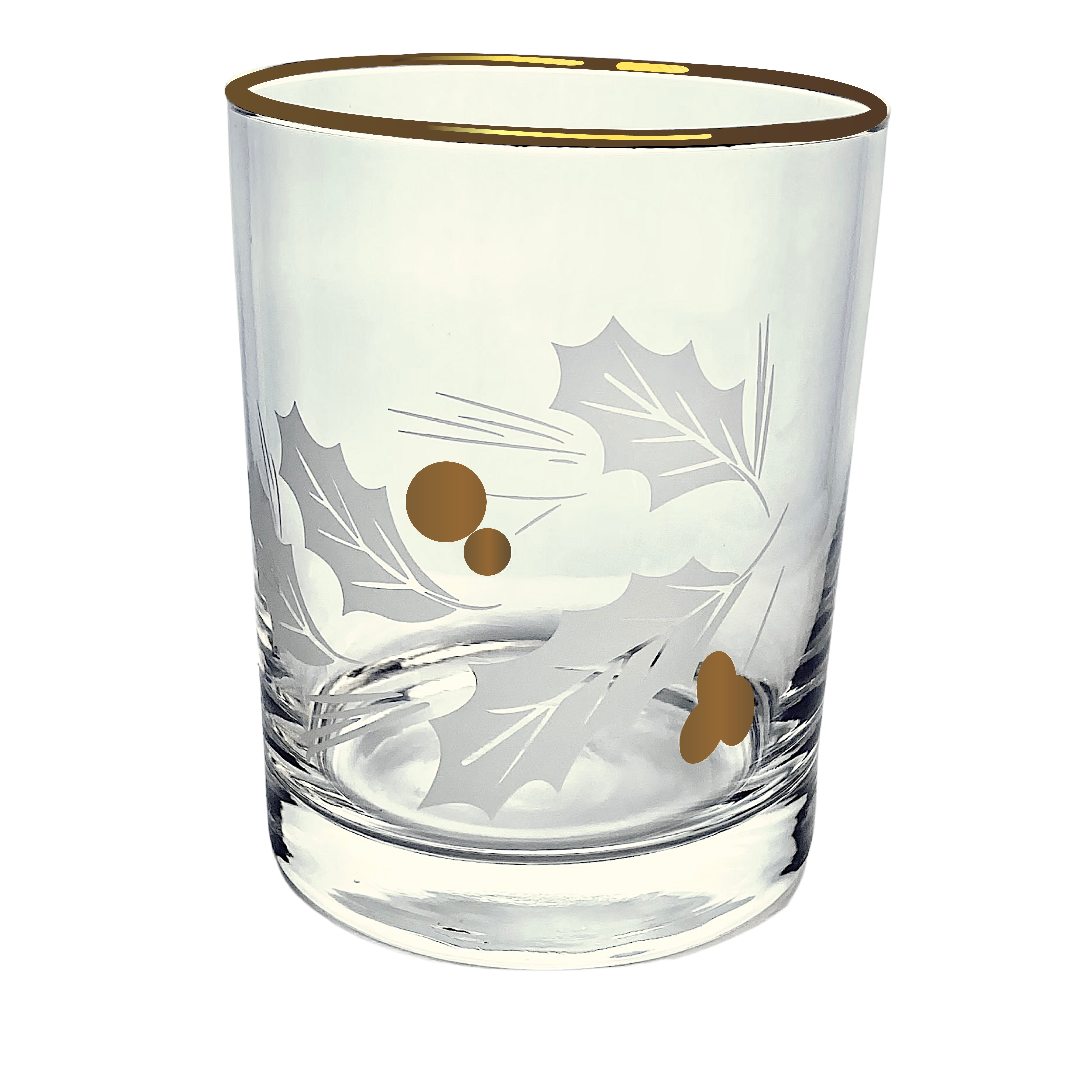 Vintage Satin Etch Holly Leaves & Gold Berries Holiday Glass 2