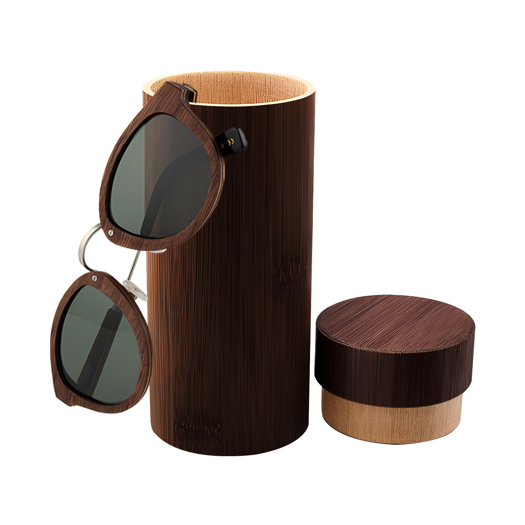 Fashionable Laser Engraved Bamboo Sunglasses With Cylindrical Case (MOQ: 100 Sets ) 1
