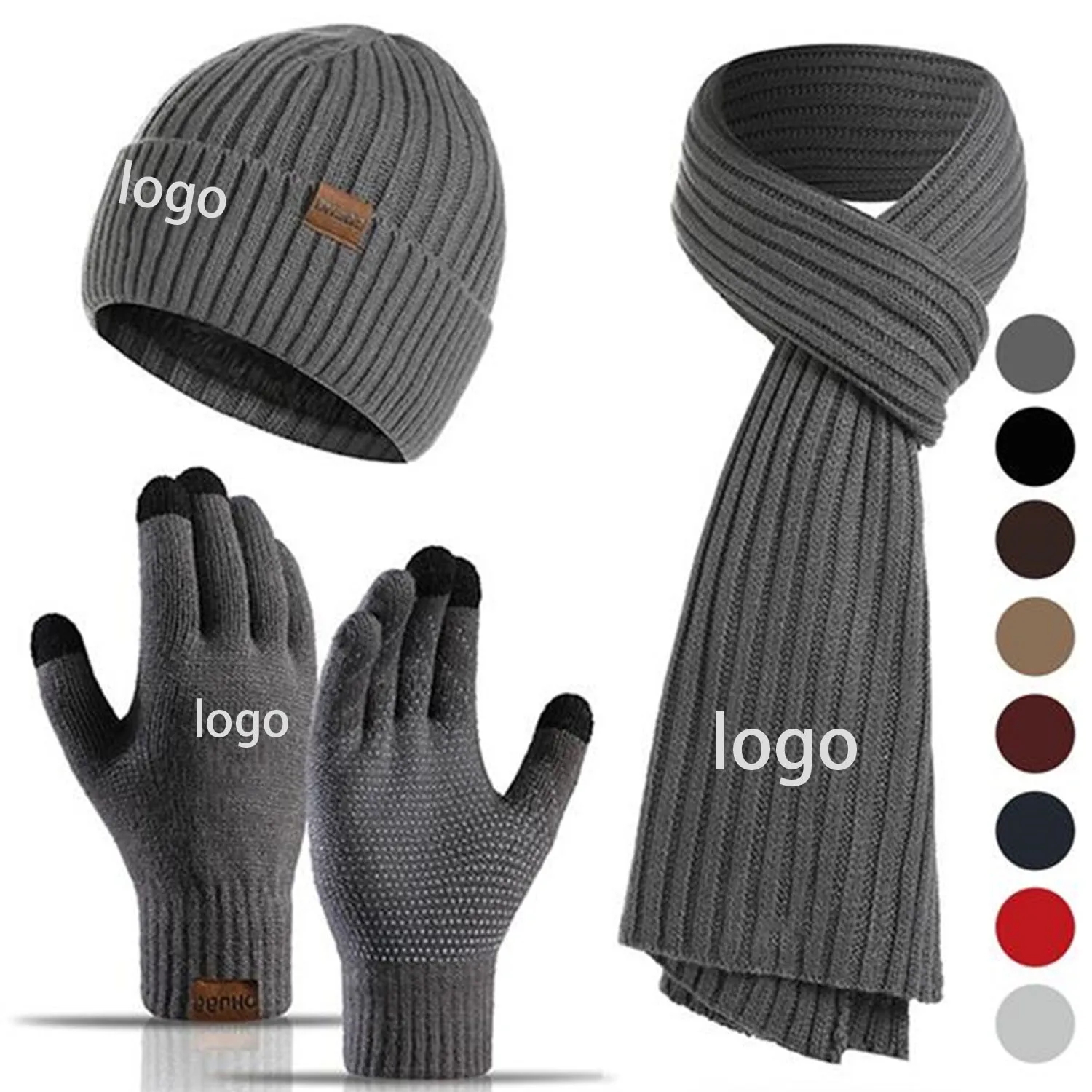 Winter Beanie Hat Scarf Touch Screen Gloves Set 5