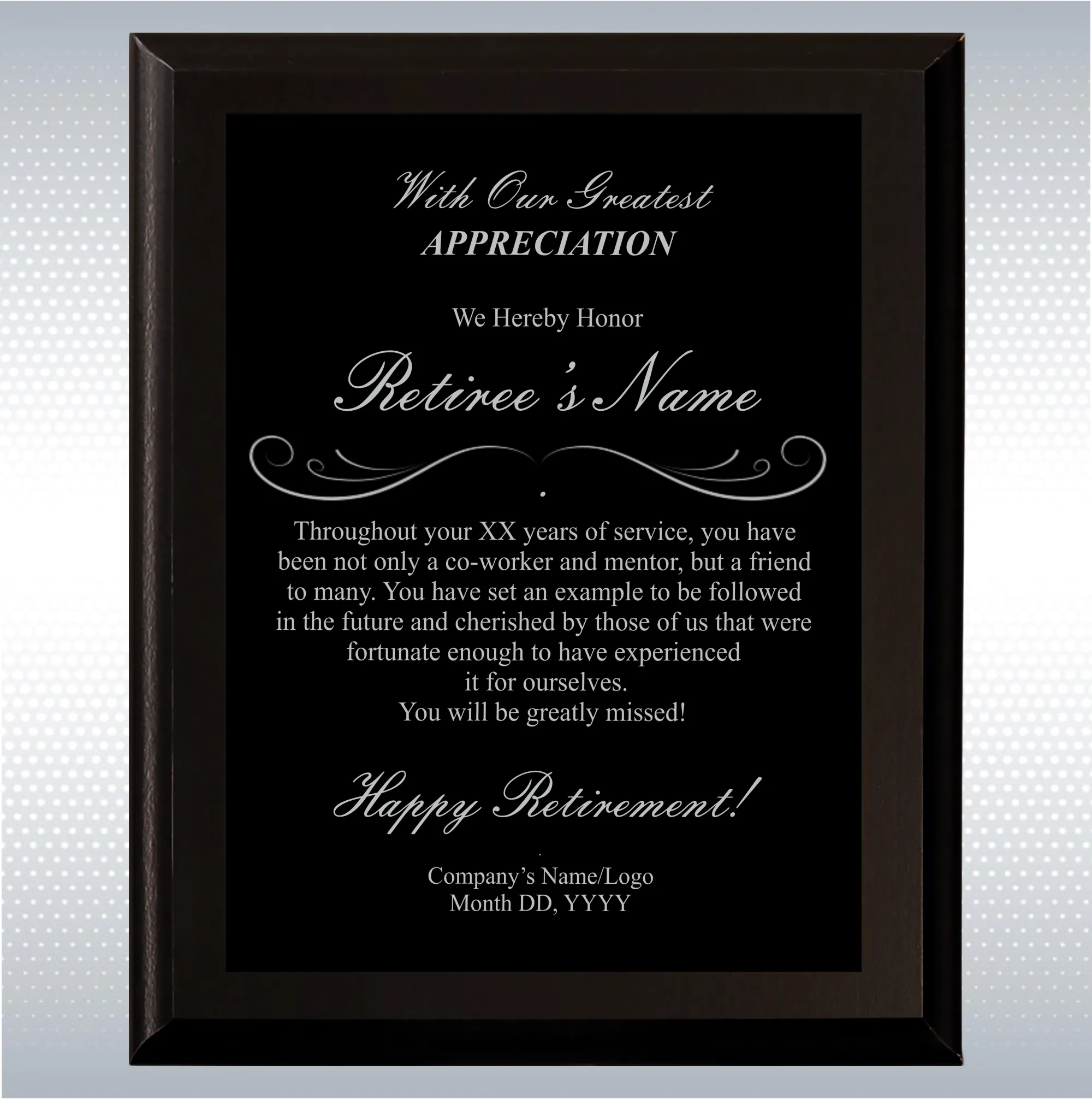 Black Matte Retirement Gift Award Plaque 12