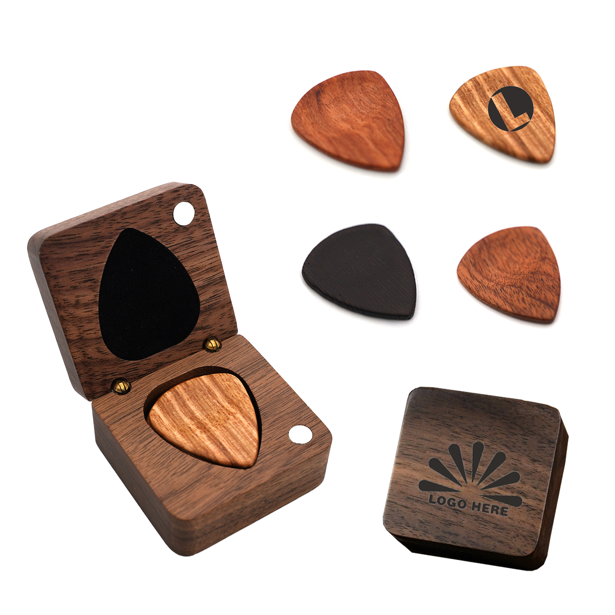 Custom Wooden Guitar Pick Set with Wooden Storage Box 2