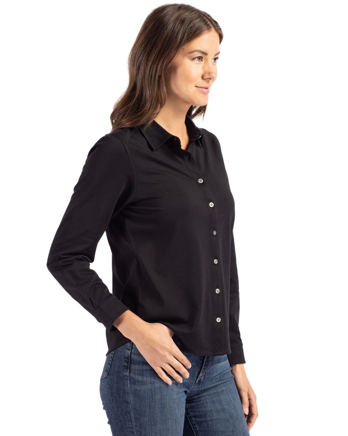 Advantage Tri-Blend Eco Soft Pique Long Sleeve Knitted Womens Button Up