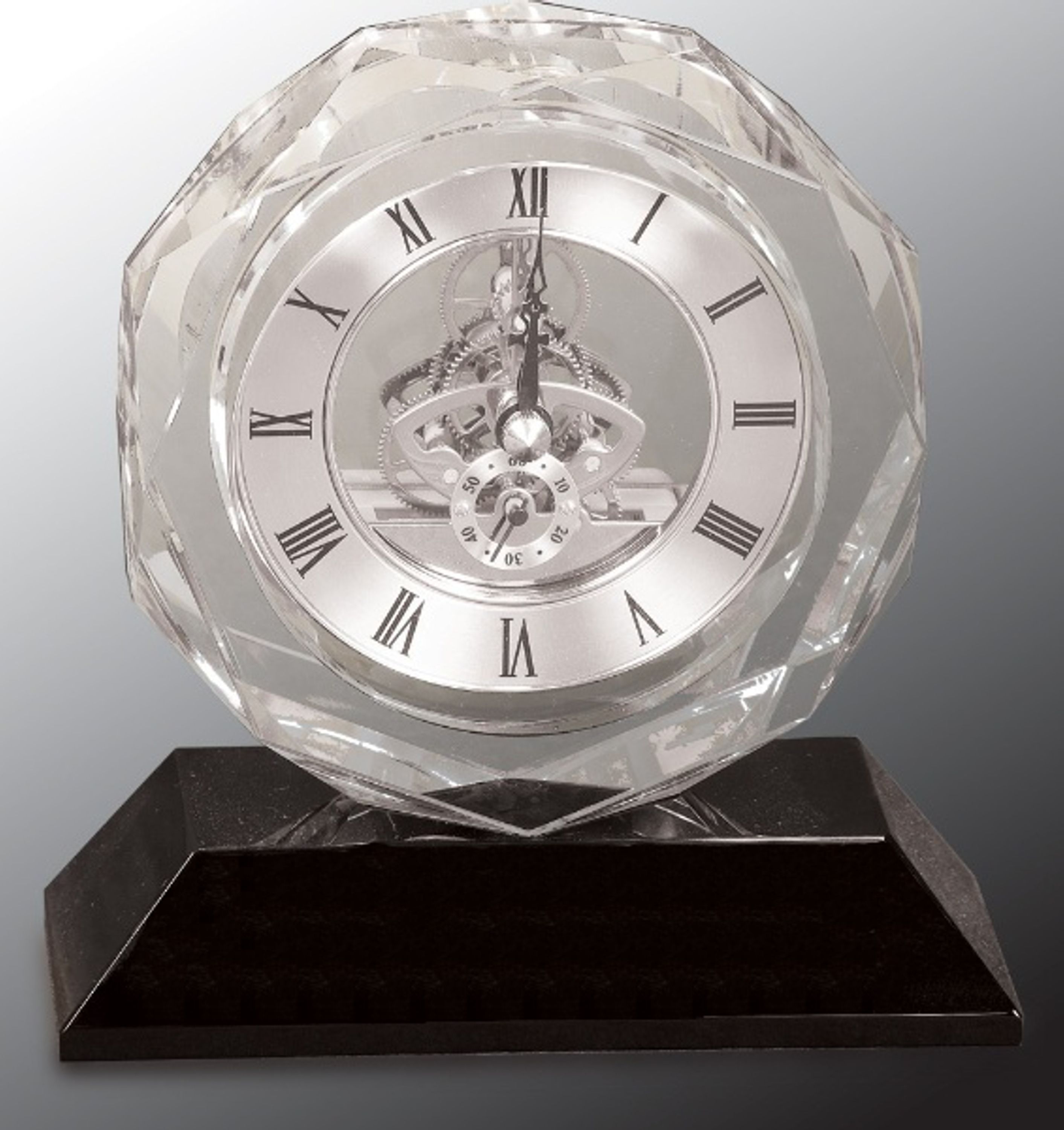 5 3/4" Clear Crystal Clock on Black Pedestal Base Crystal Award 2