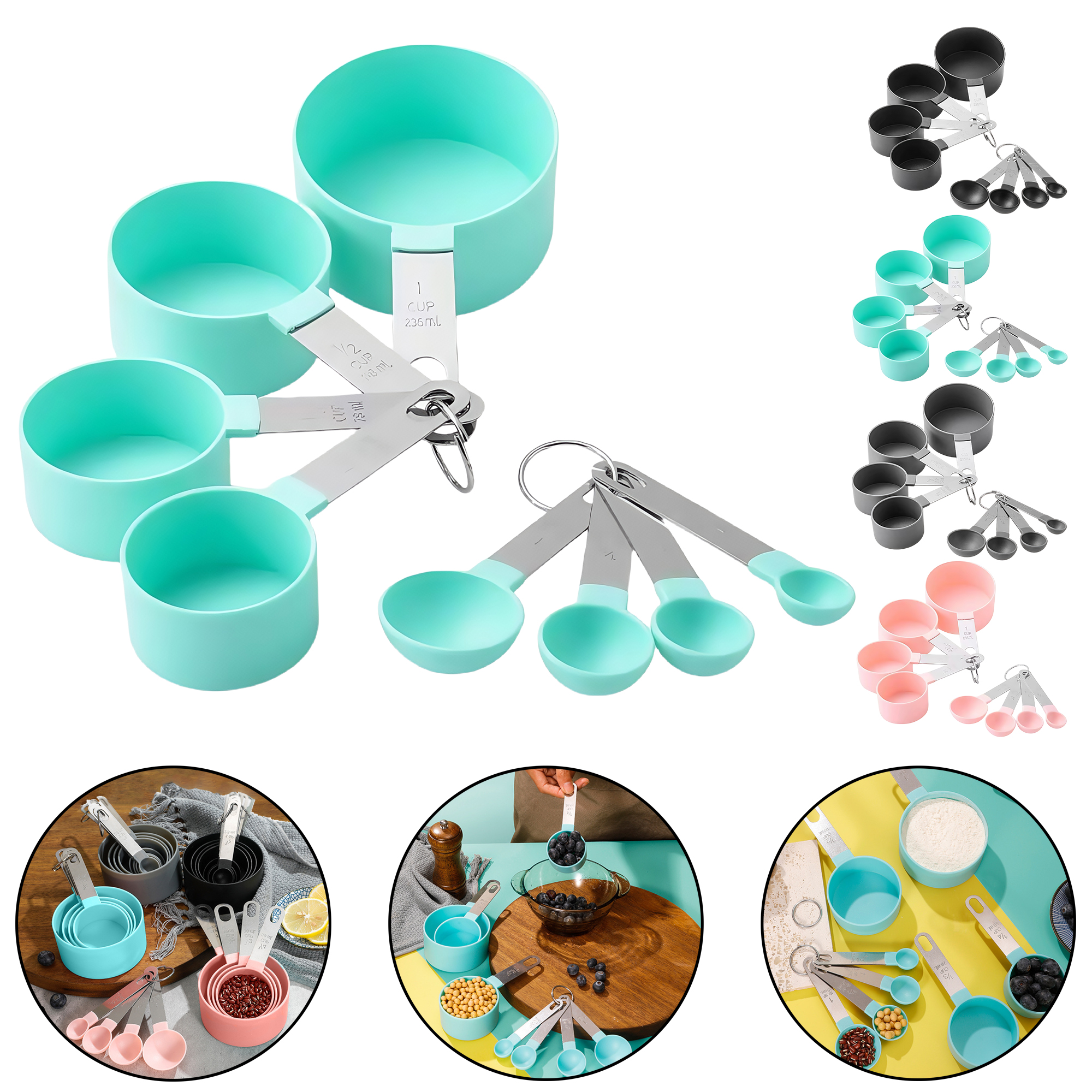8-Piece Stainless Steel Handle Measuring Spoon Set with Plastic Cups 3