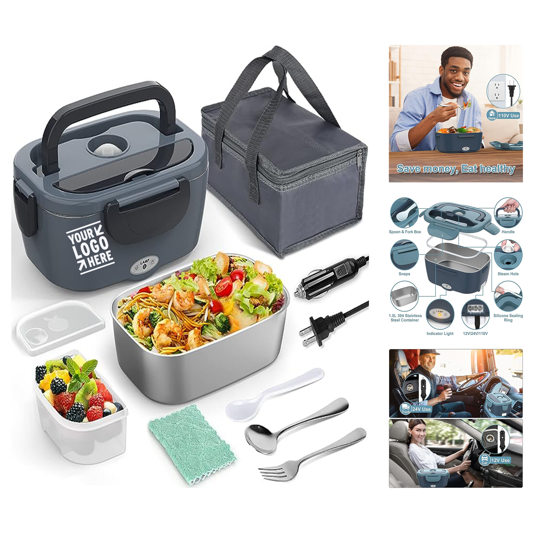 304 Stainless Steel 12V 24V 110V 60W Portable Adults Work Electric Lunch Box Food Warmer Heater