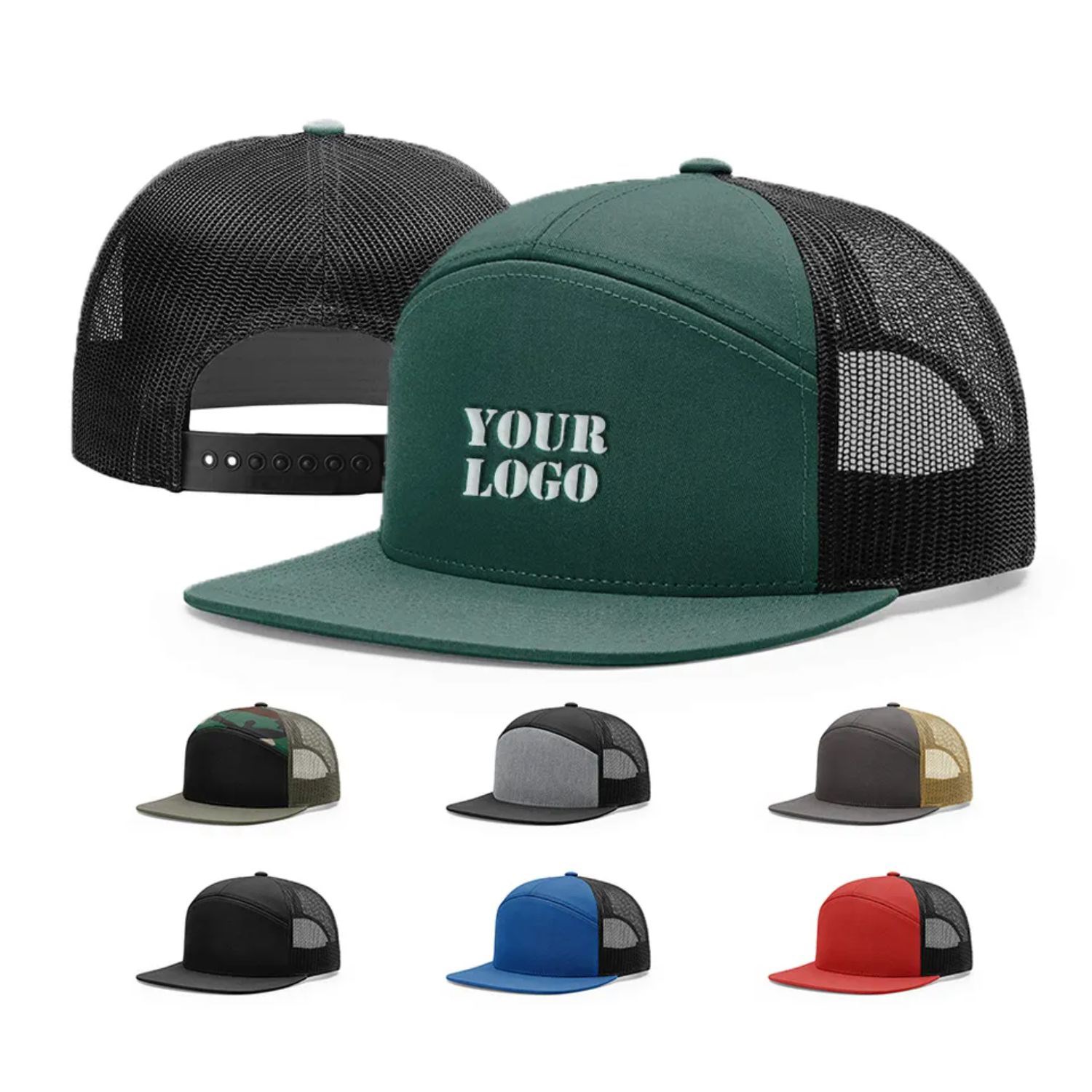 Premium 7-Panel Mesh Back Cap Flat Bill Trucker Hat with Snapback Closure 4