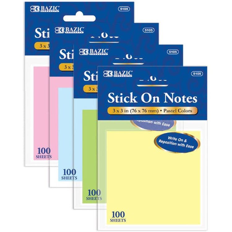 Stick On Note Packs - 100 Count 3" x 3" Assorted Colors 2