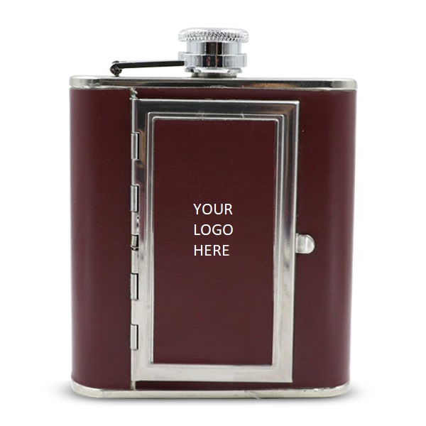 Leather Cover SS with Cigarette Case Hip Flask 5oz 2