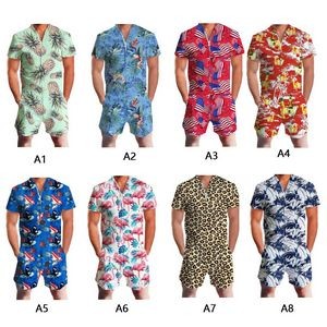 3D Printed Zipper Jumpsuit Short Sleeve Overalls Outfits 3