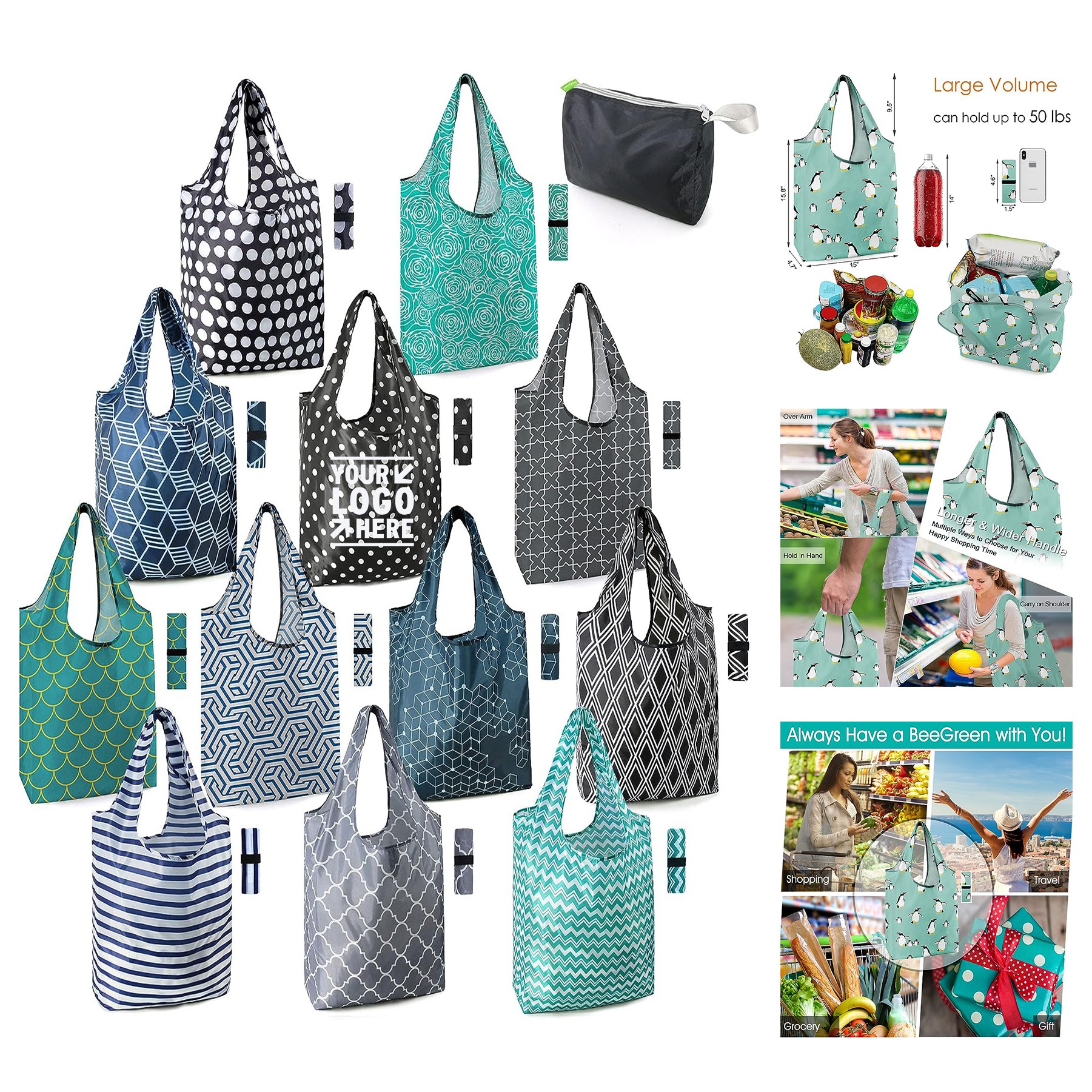 12 Pack Xlarge Reusable Grocery Washable Foldable Classic Geometric Design Gift Tote Grocery Bag 1