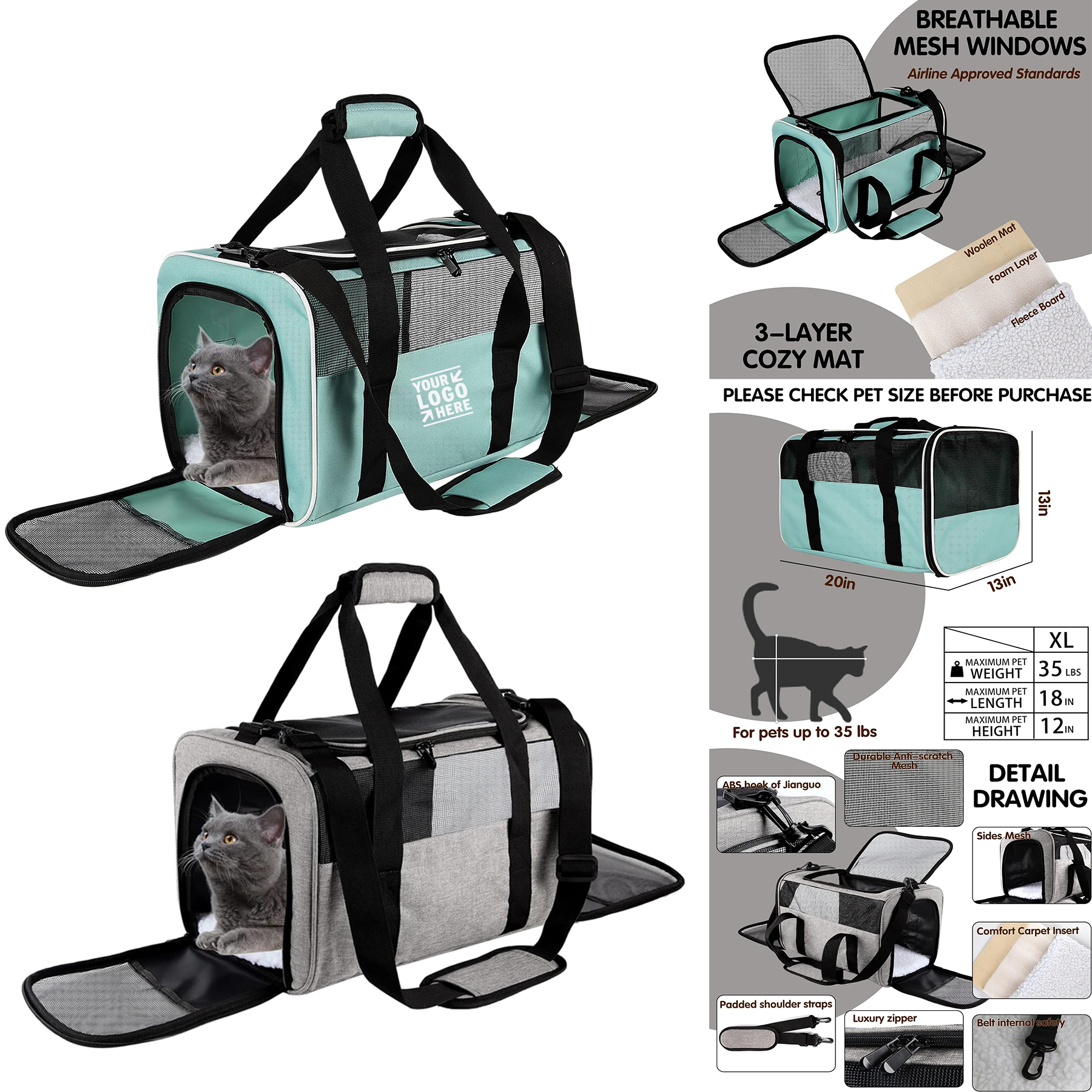 Portable Cats Dogs Small Animals Up to 35Lbs Airline Approved Soft-Sided Large Pet Carrier 