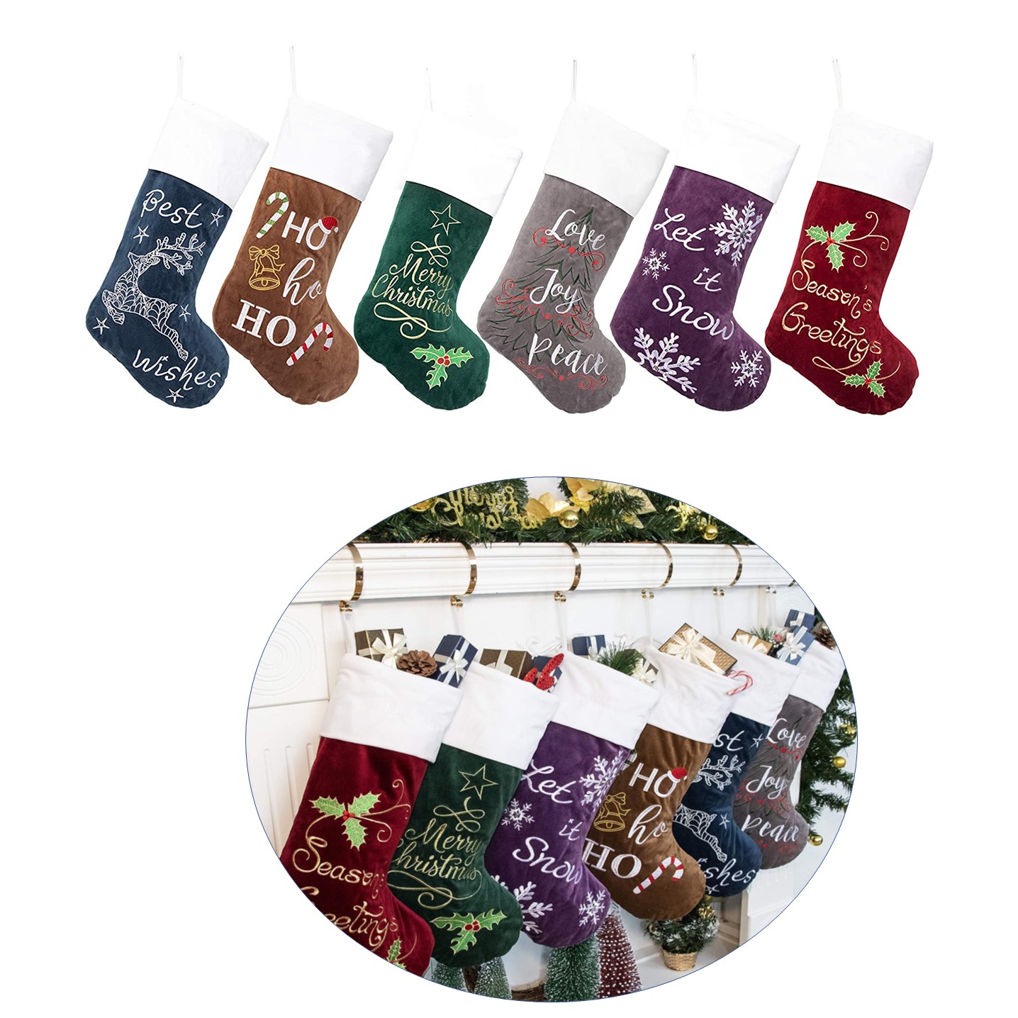 Christmas Stockings Embroidery Classic Luxury Velvet Large Hanging Ornament Decorations for Fireplac 3