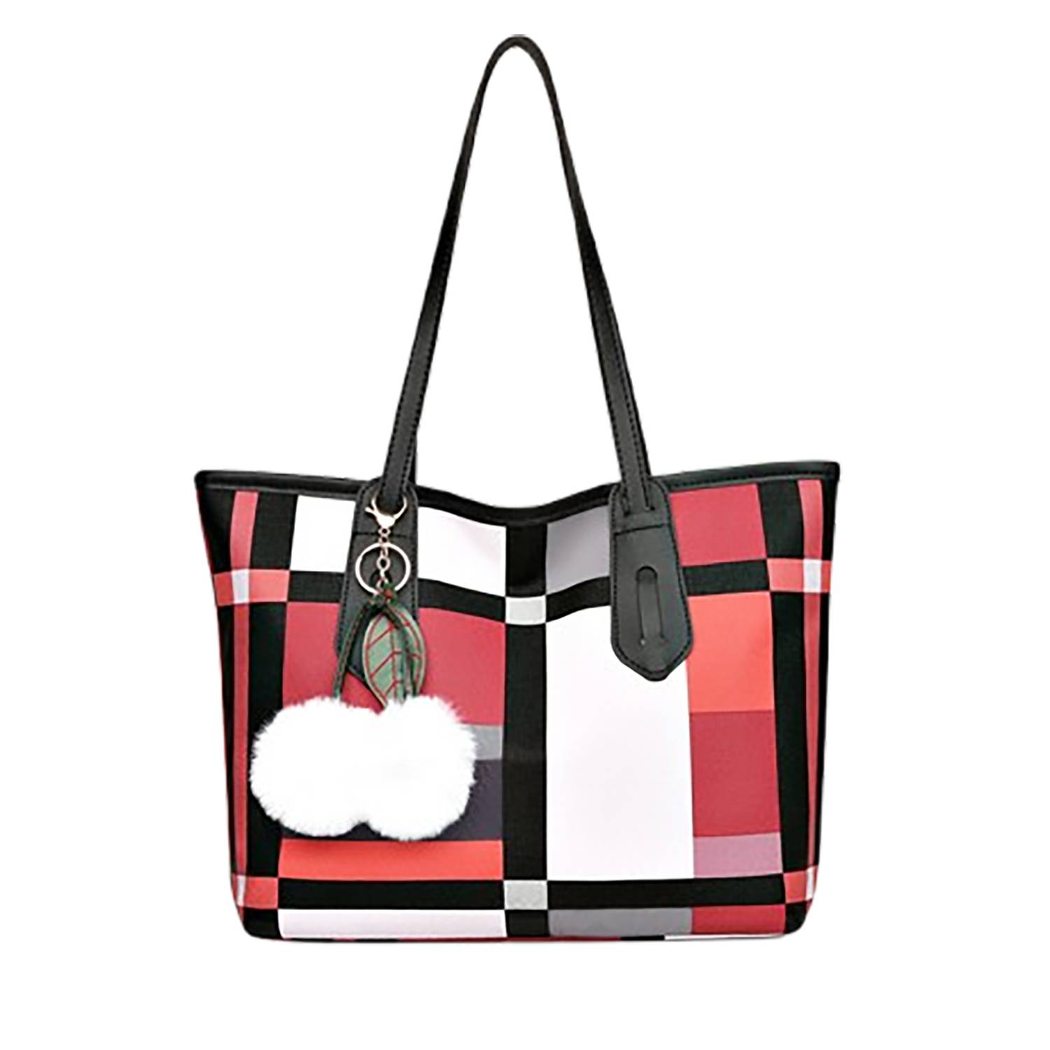 PU Leather Large-Capacity Tote Bag w/ Plush Pendant 5