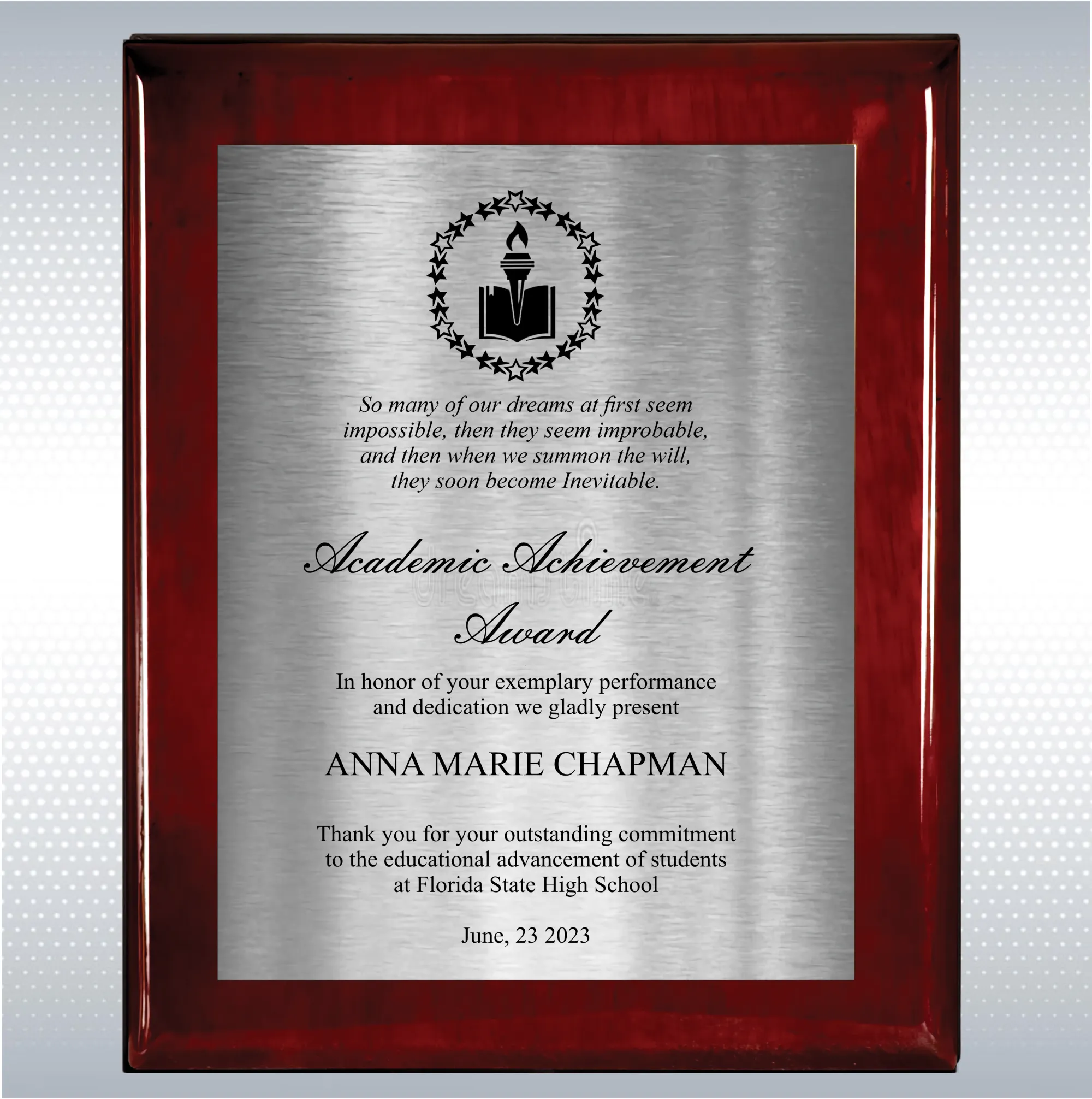 Rosewood Piano Finish Wood Plaque Academic Achievement 19
