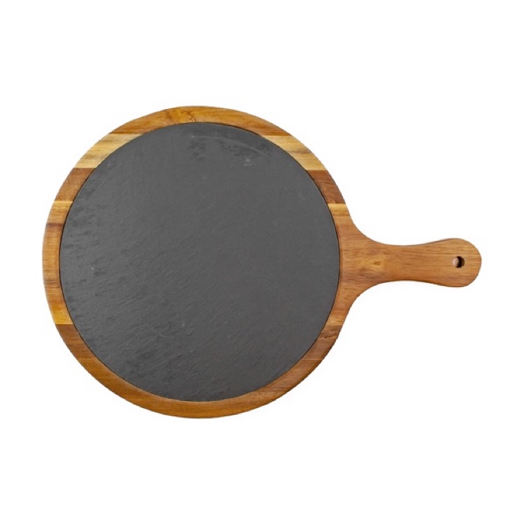 Large Flair Round Acacia Wood & Slate Serving Board w/Handle 4
