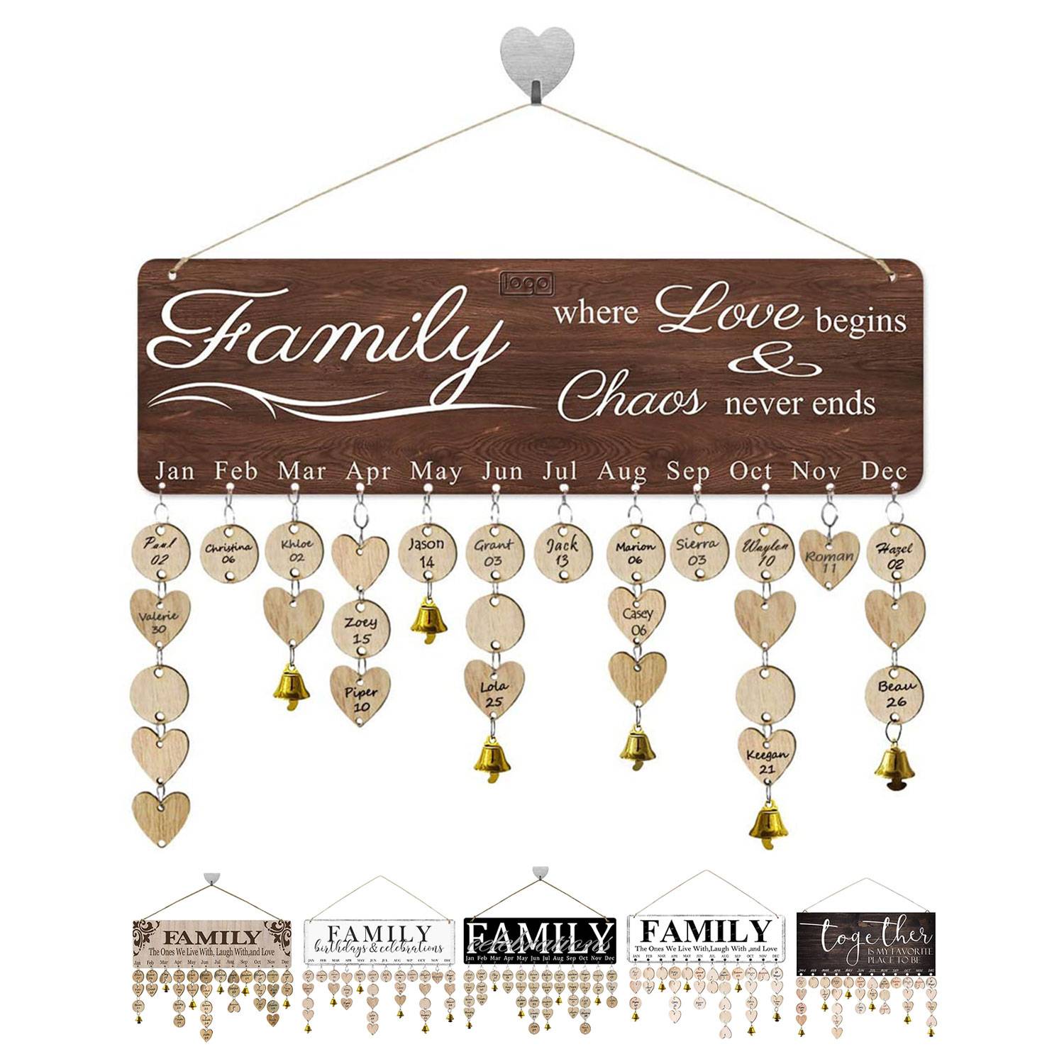 Wooden Hanging Family Birthday Calendar Board w/ Bells 1