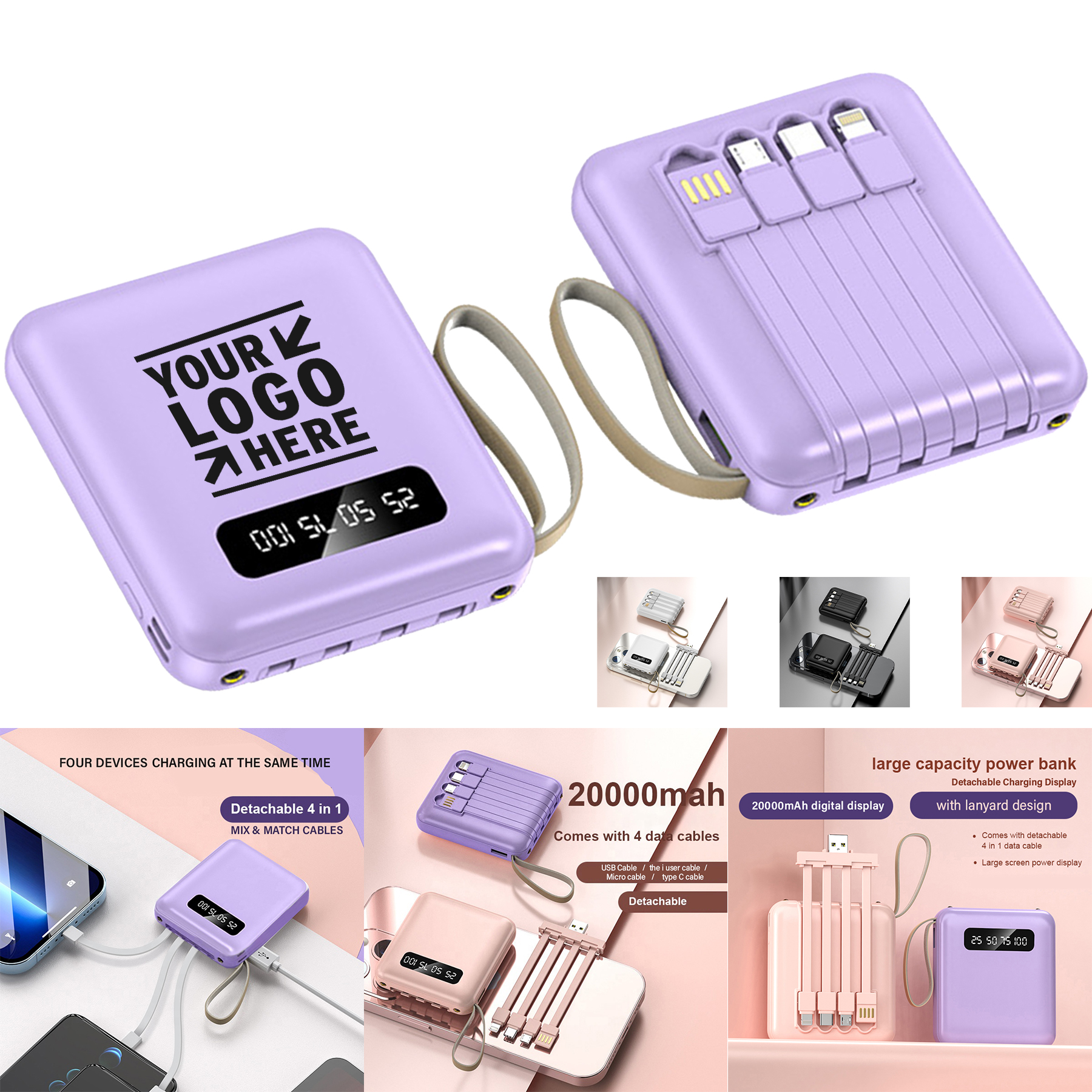 20000mAh Mini Power Bank 4in1 Detachable Cables