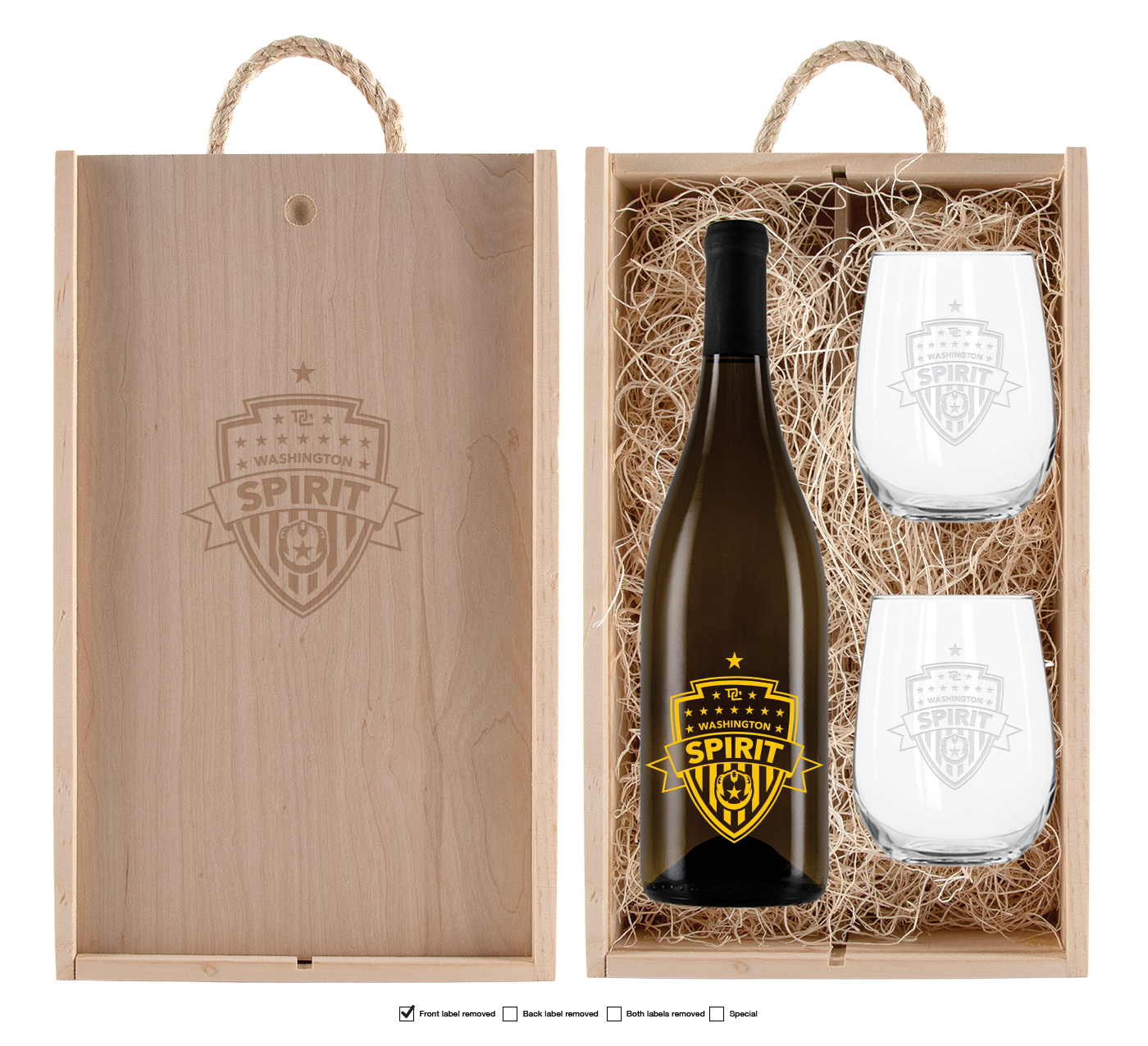 Laser-Engraved Wood Box w/Custom Etched Chardonnay Wine Bottle + Glasses 1