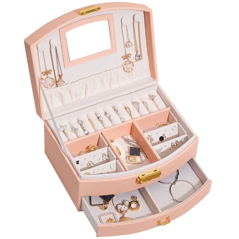 Custom 2-Layer PU Jewelry Organizer Box with Drawer & Mirror 9