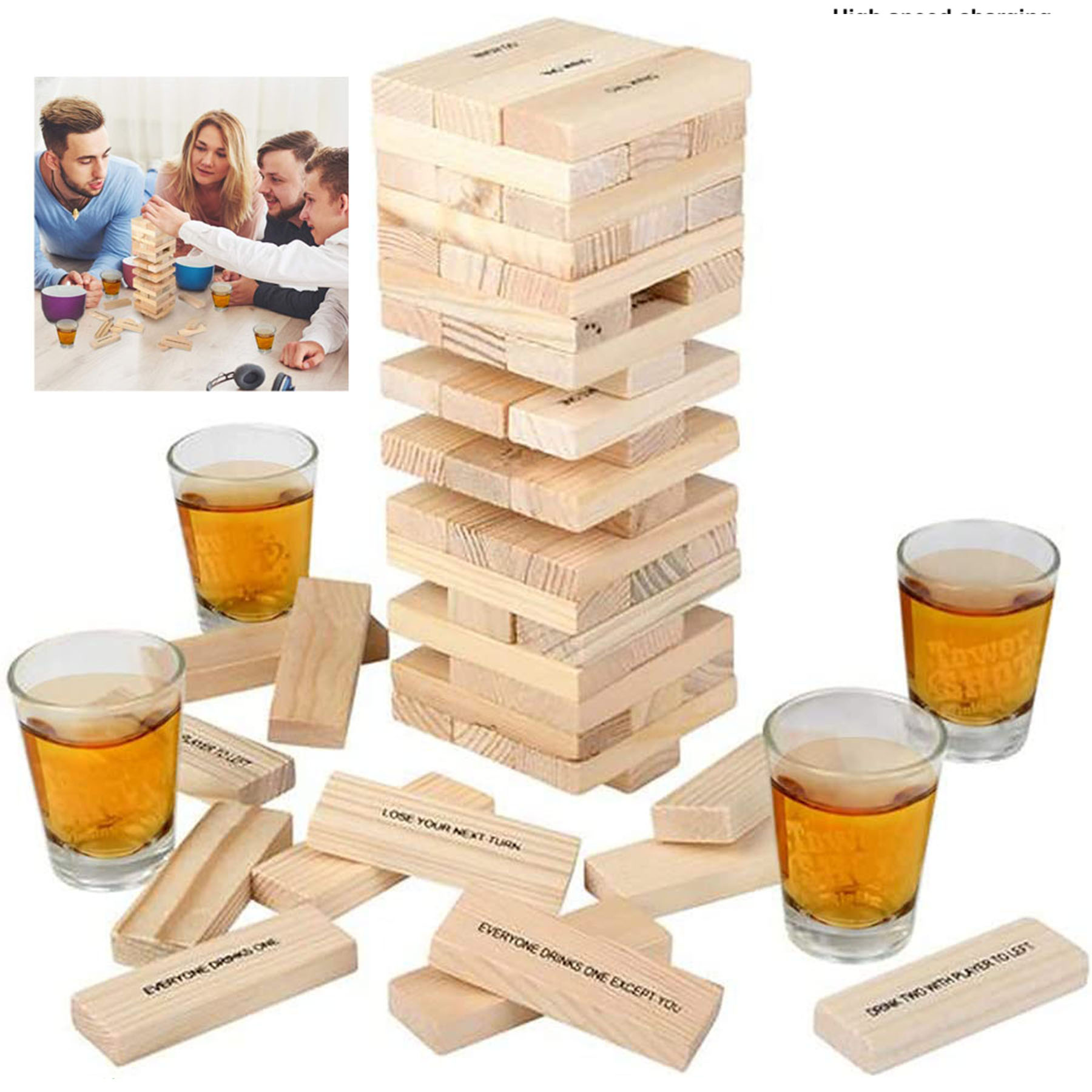 Drinking Game with 4 Glasses and 60 Wooden Blocks with Challenges 2