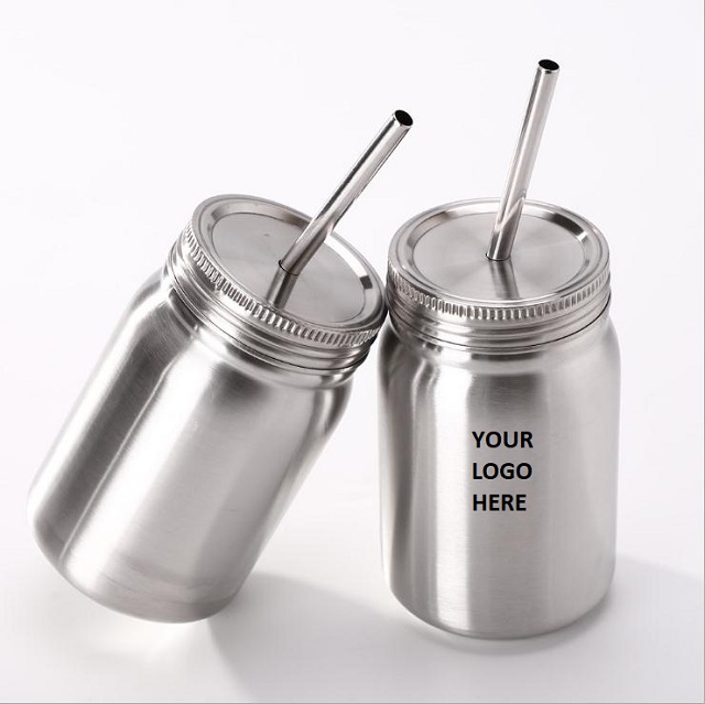Stainless Steel Mason Jar with Straw 16 oz 1