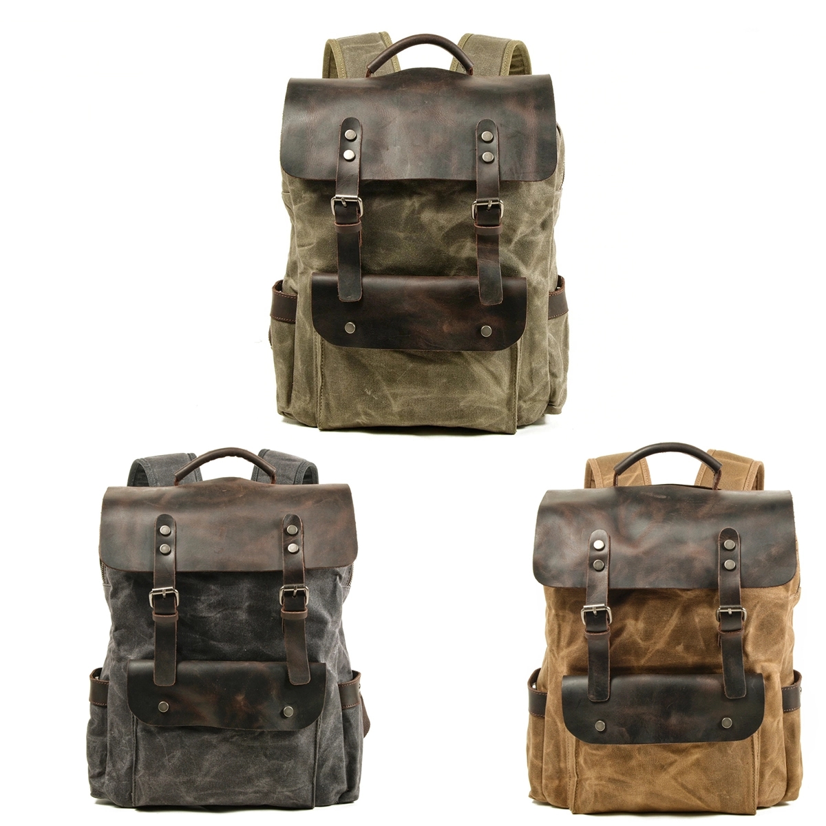 Vintage Waxed Canvas Cowhide Backpack 3