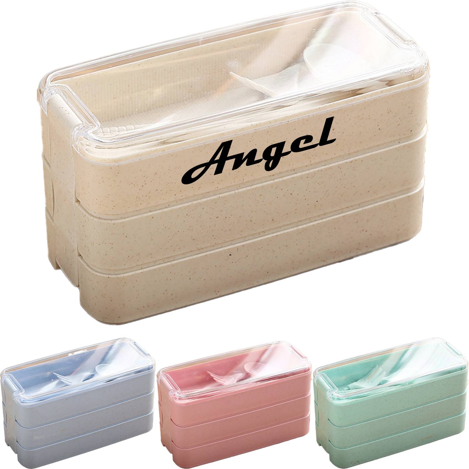 3 Tiers Wheat Straw Lunch Box w/Utensils 5