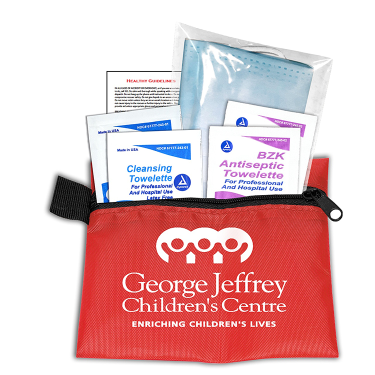 "Europa" 5 Piece Kit with 3-Ply Mask & Antiseptic Wipes in Zipper Pouch 1
