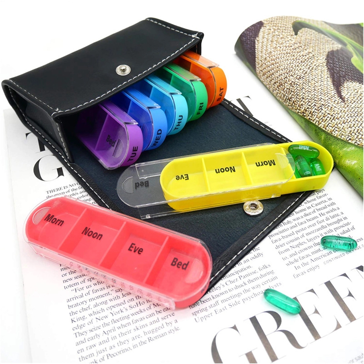 Travel Pill Organizer Box 7 Day with Leather Carrying Case 3