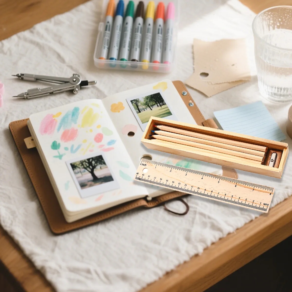 Wooden Ruler Pencil-Box With 12 Colored Pencils 5
