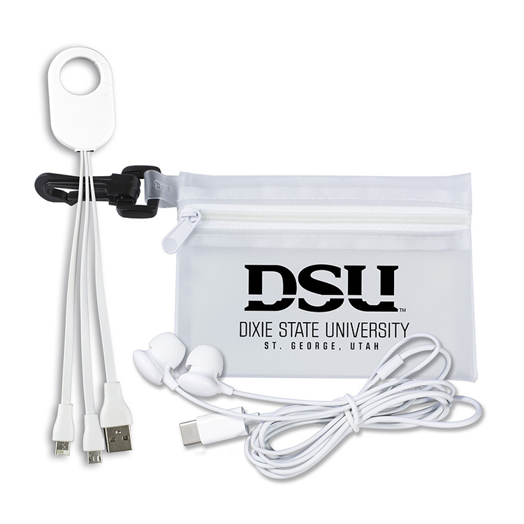"Cambell" Mobile Tech Earbud and Charging Cables Kit In Translucent Carabiner Zipper Pouch 6