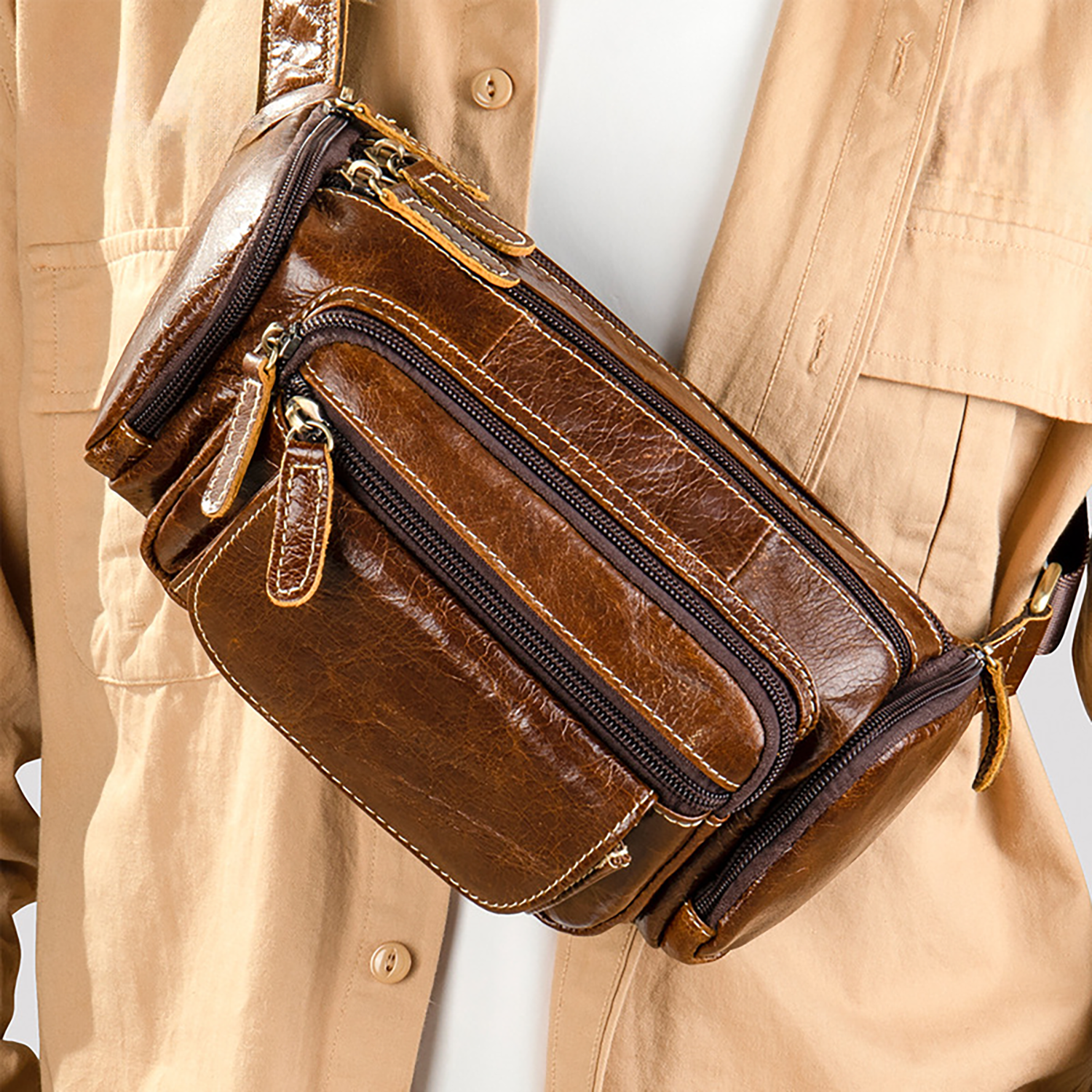 Custom Top-Layer Cowhide Leather Fanny Pack 4