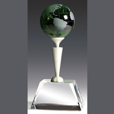 New Style Optical Crystal Green Globe Award perched on Metal Pole 2