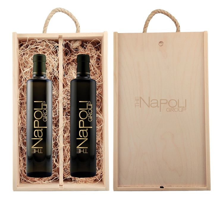 Laser-Engraved Wood Box w/Custom Etched Balsamic Vinegar + Olive Oil Bottles 1