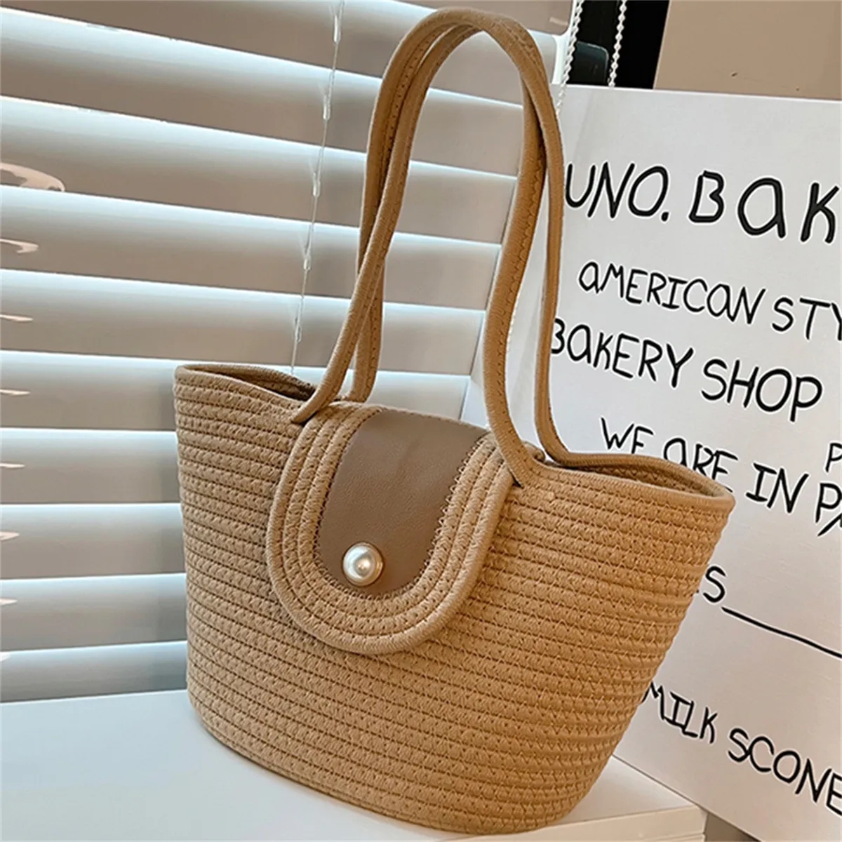 Straw Beach Tote Bags for Women, custom tote bag with logo imprint 4