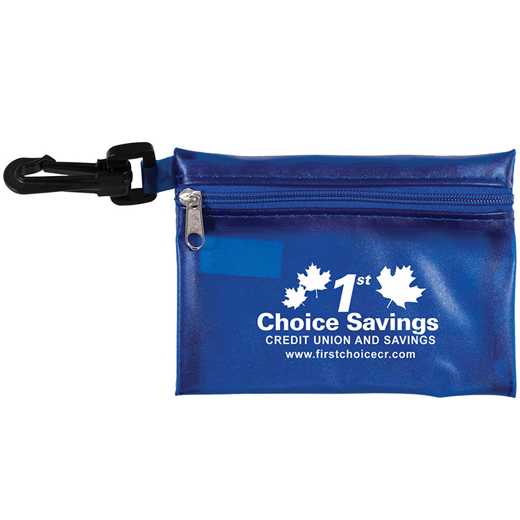 "TROUTDALE" 13 Piece First Aid Kit inTranslucent Zipper Kit with Plastic Carabiner Attachment 13
