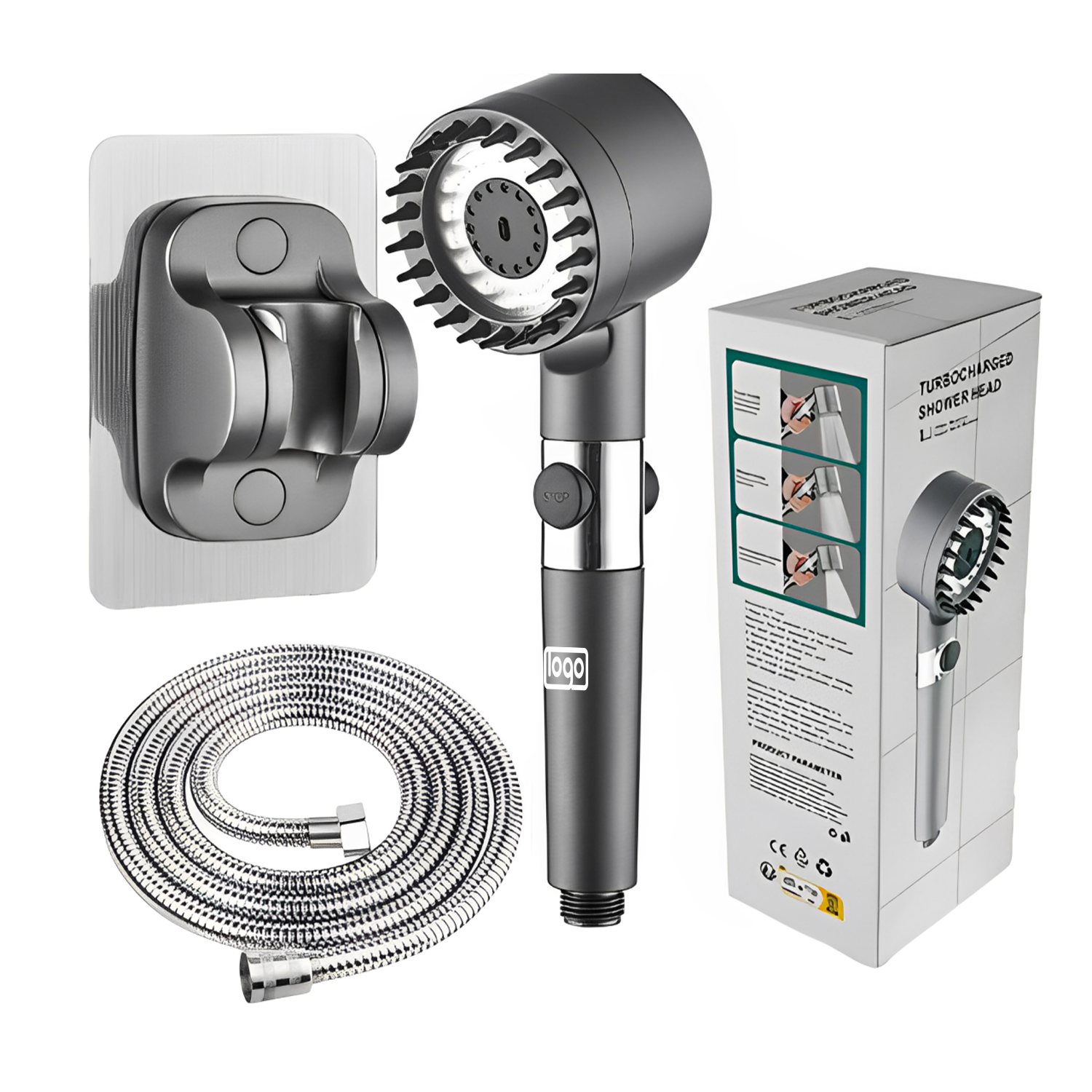 High Pressure Handheld Shower Head Kit w/ Wall Mount Bracket 2