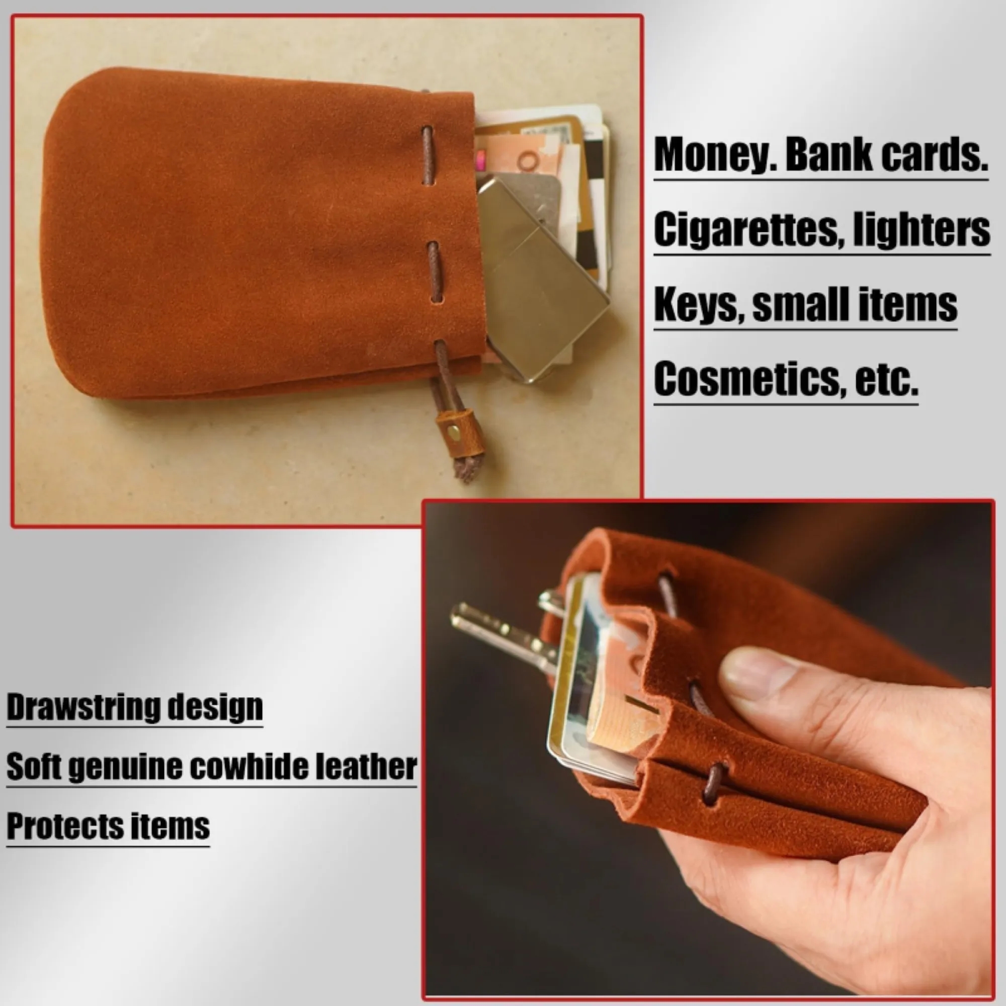 True Leather Drawstring Closure Portable Coin 4