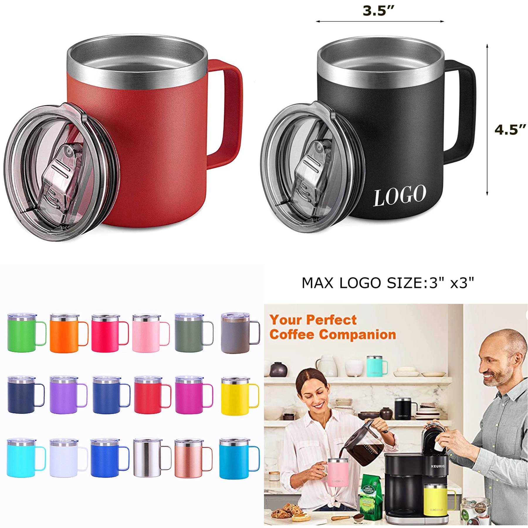 12oz Stainless Steel Coffee Mug Cup with Lid and Handle 1