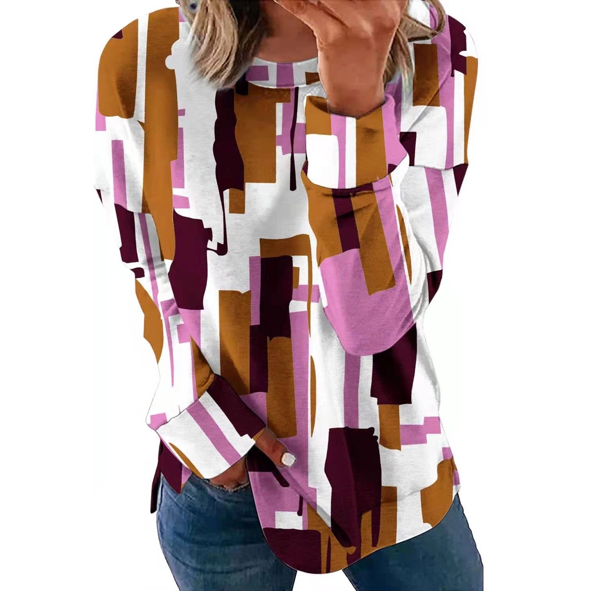 Long Sleeve Round Neck Casual Printed Blouses Tops T Shirts 5