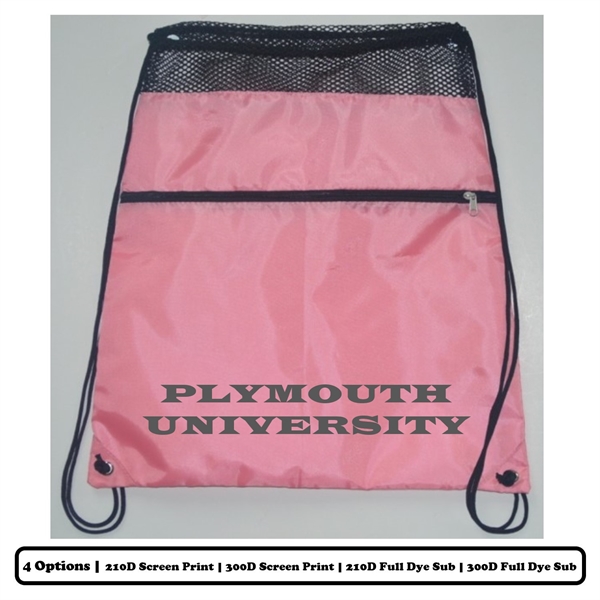 Mesh-Top Polyester Drawstring Bag w/ Horizontal-Zip Pocket