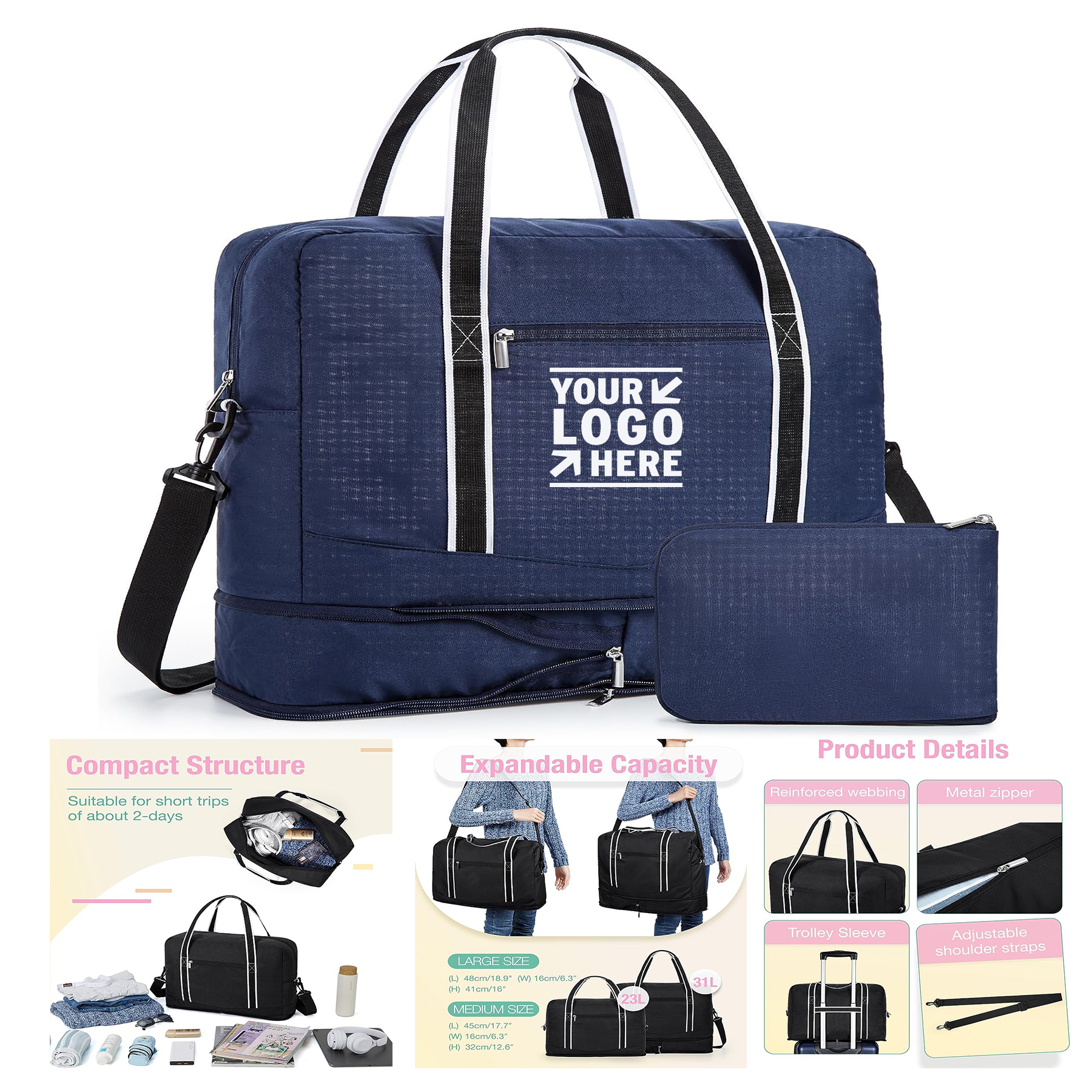 Women Men Weekender Overnight Carry On Luggage 31L Expandable Large Foldable Duffle Travel Bag